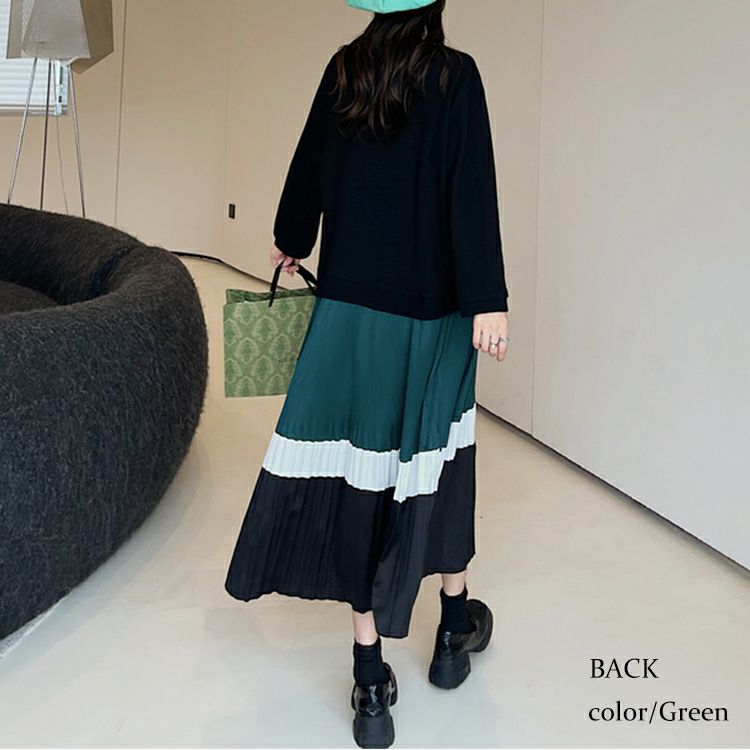 大きいサイズ レディース ドッキングプリーツワンピース　goldy-1136