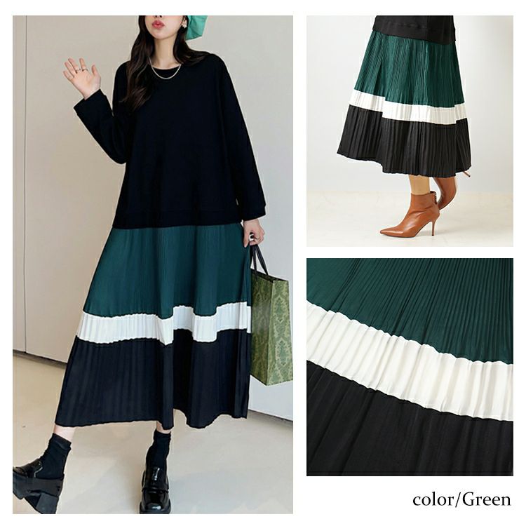 大きいサイズ レディース ドッキングプリーツワンピース　goldy-1136