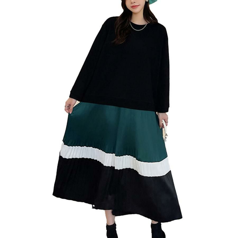 大きいサイズ レディース ドッキングプリーツワンピース　goldy-1136 グリーン