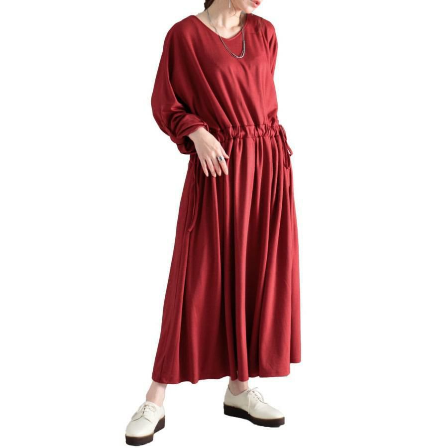 大きいサイズ レディース ウエストドロストワンピース　nw-22029 ワインレッド