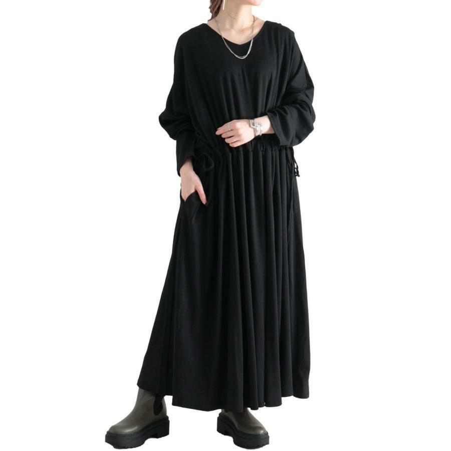 大きいサイズ レディース ウエストドロストワンピース　nw-22029 ブラック