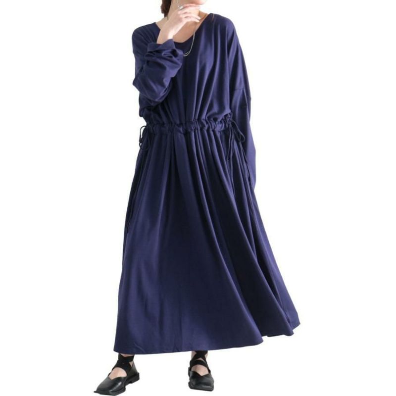 大きいサイズ レディース ウエストドロストワンピース　nw-22029 ネイビー