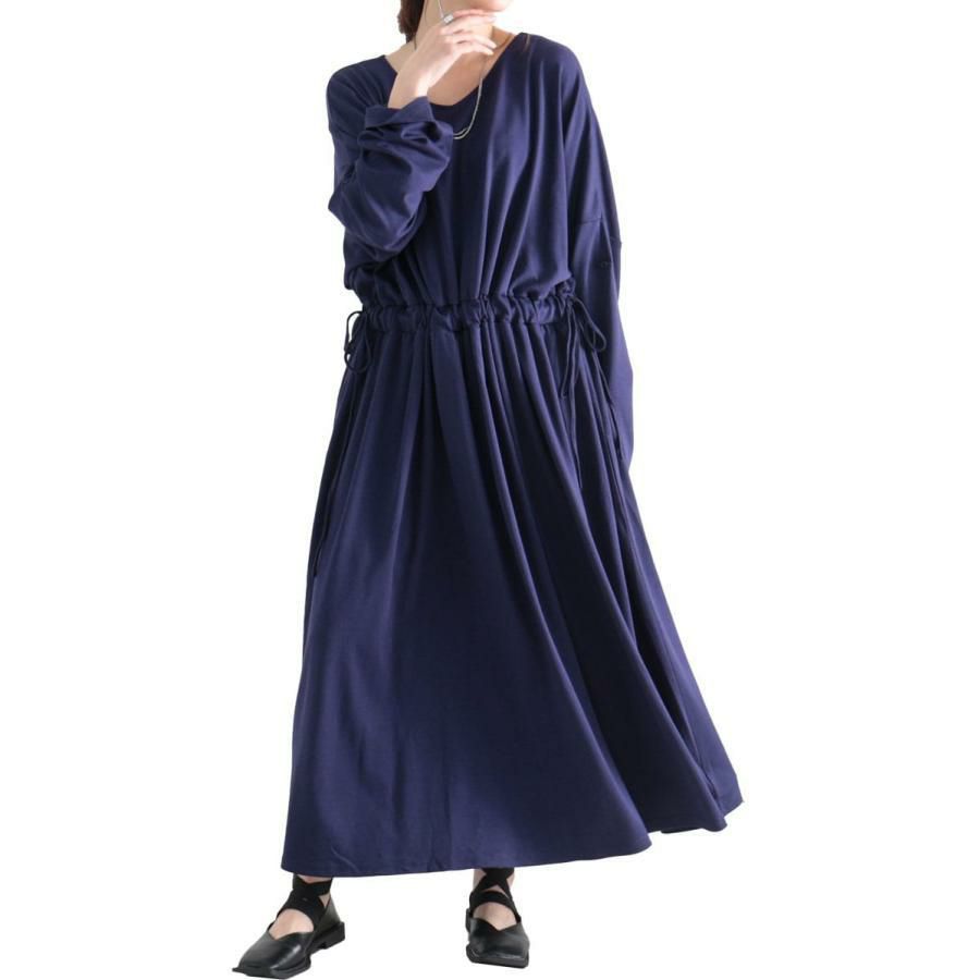 大きいサイズ レディース ウエストドロストワンピース　nw-22029 ネイビー