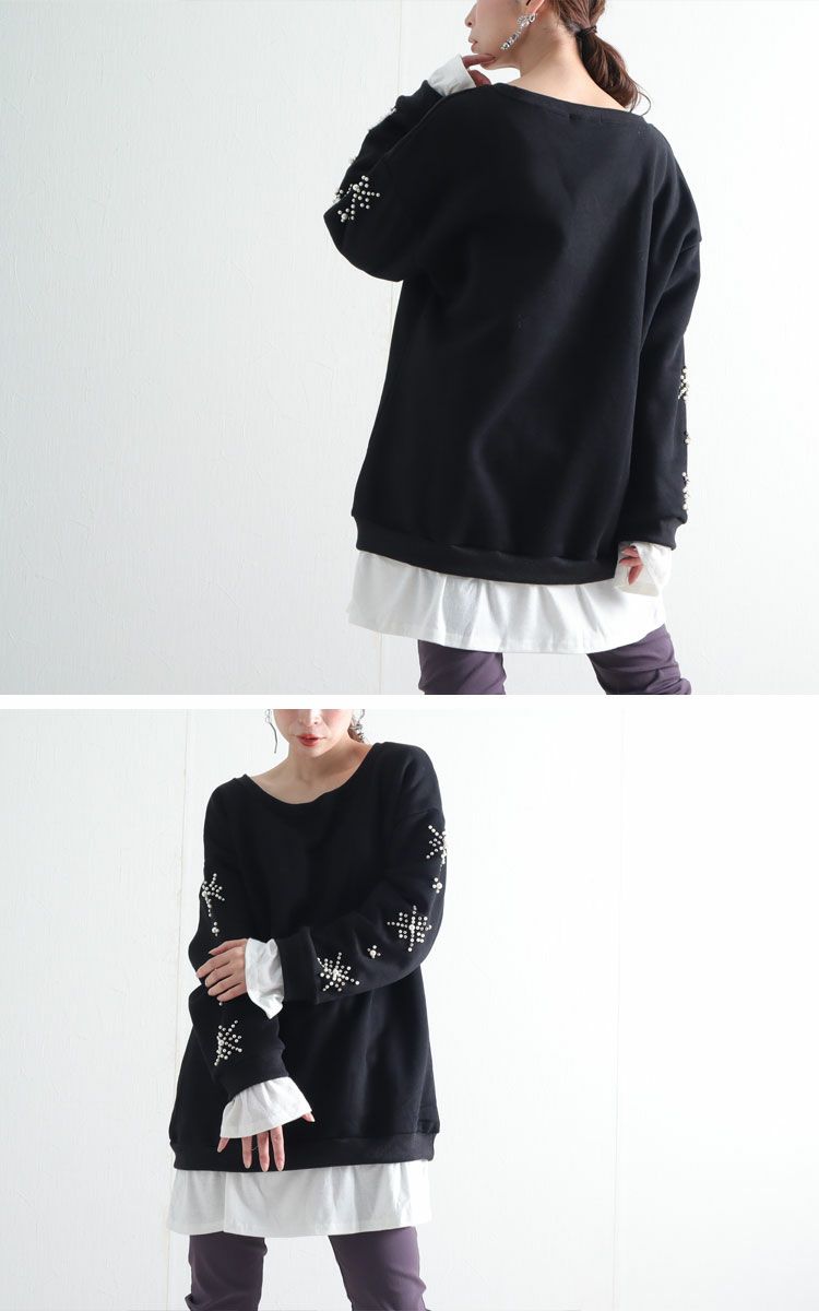 大きいサイズ レディース 袖ビジュー付き裏起毛トレーナー　goldy-349s