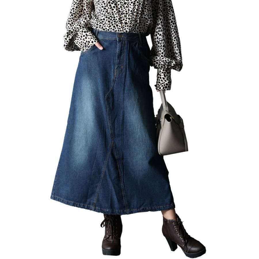 大きいサイズ レディース セミタイトデニムロングスカート　wd-0352 ネイビー