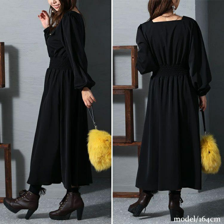 大きいサイズ レディース スクエアネックシャーリングワンピース　fem-299