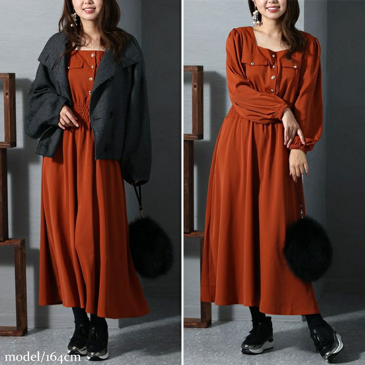 大きいサイズ レディース スクエアネックシャーリングワンピース　fem-299