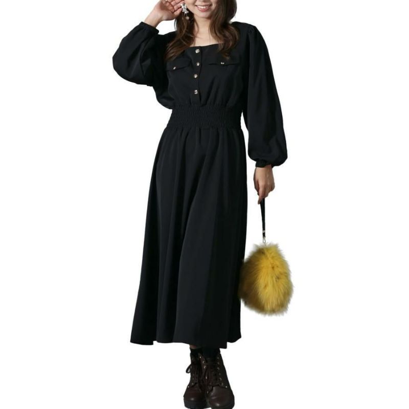 大きいサイズ レディース スクエアネックシャーリングワンピース　fem-299 ブラック