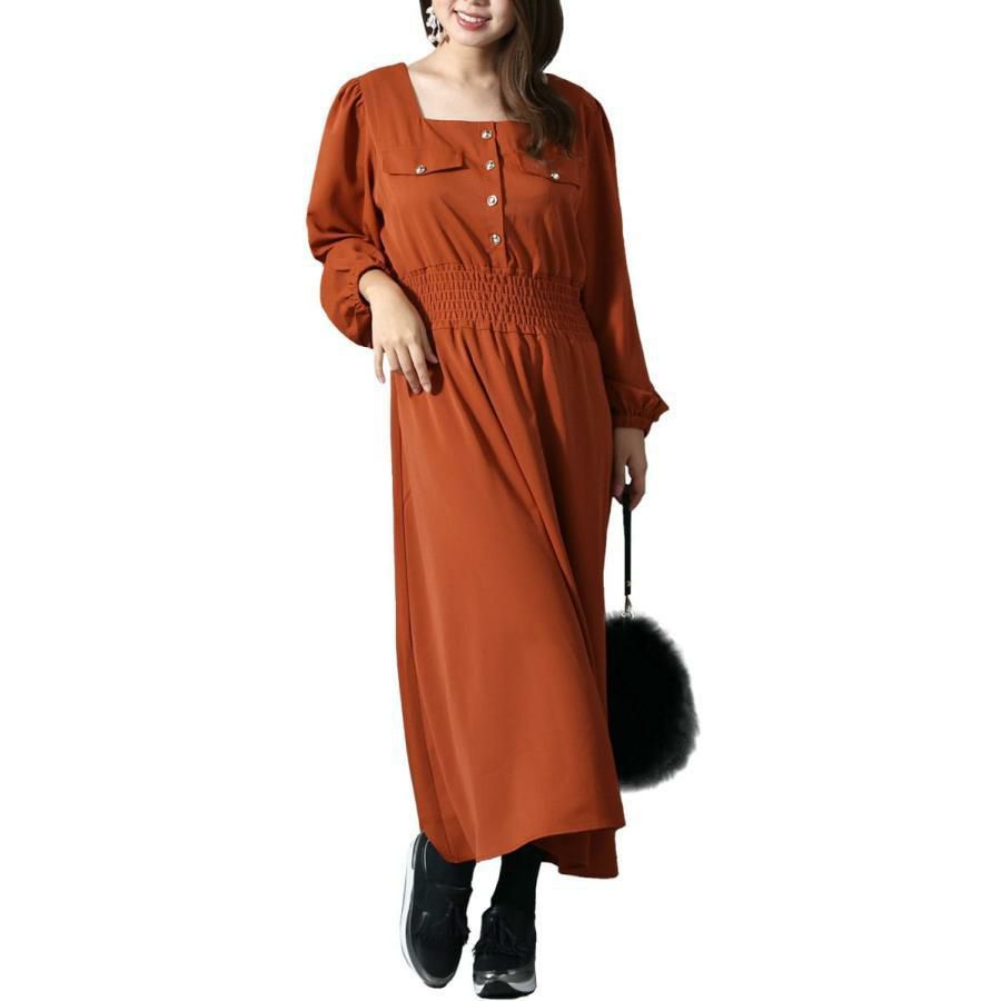 大きいサイズ レディース スクエアネックシャーリングワンピース　fem-299 テラコッタ