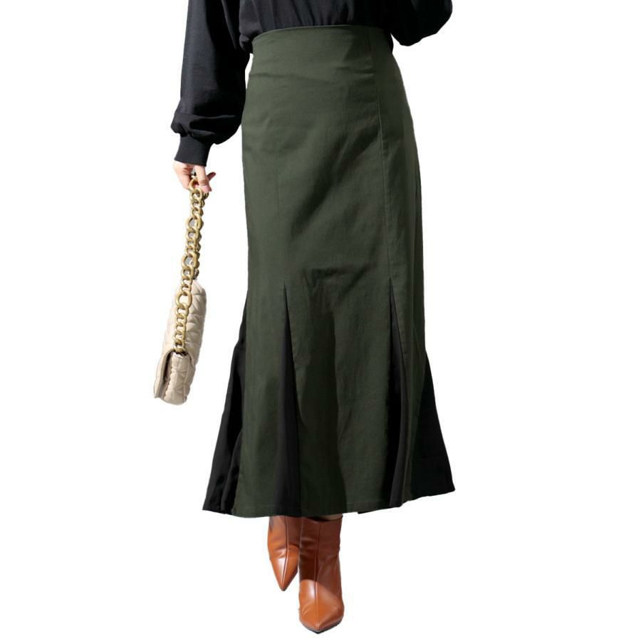 大きいサイズ レディース 異素材切替えマーメイドスカート　fem-296 カーキ
