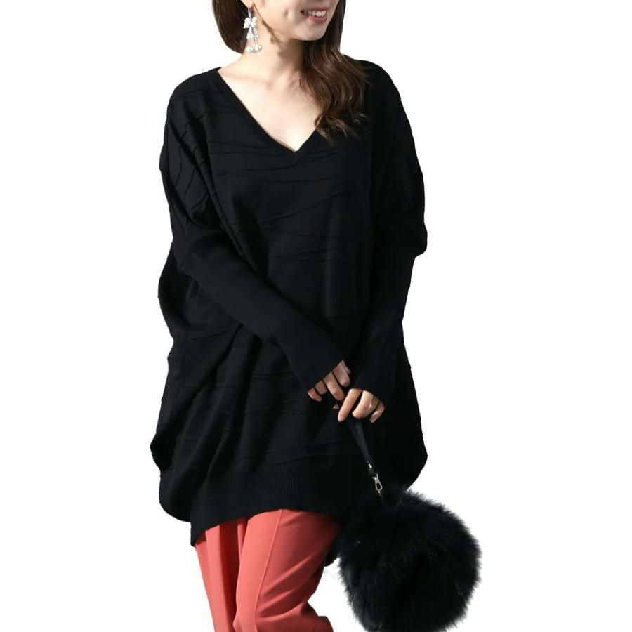 大きいサイズ レディース コットンニットドルマンコクーンチュニック　gold925 ブラック