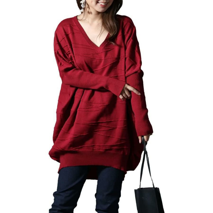 大きいサイズ レディース コットンニットドルマンコクーンチュニック　gold925 レッド