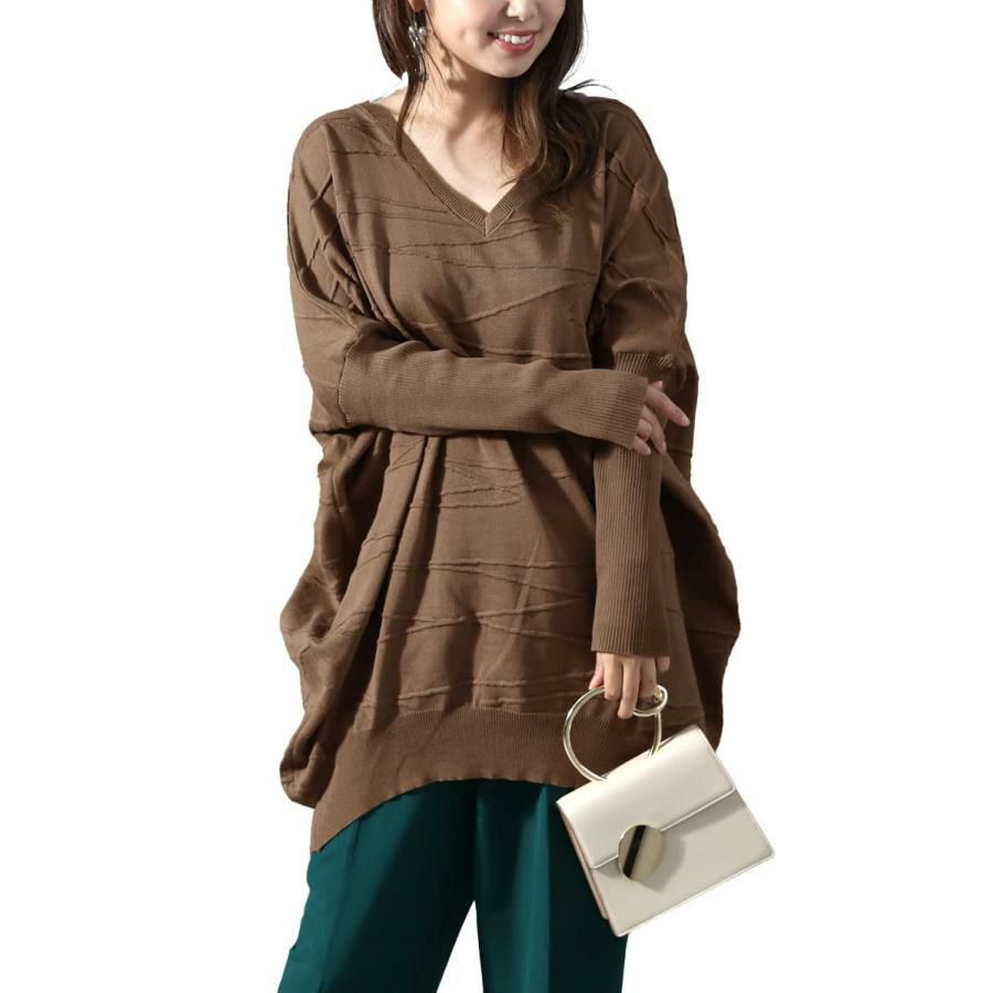 大きいサイズ レディース コットンニットドルマンコクーンチュニック　gold925 モカ