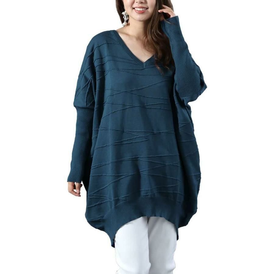 大きいサイズ レディース コットンニットドルマンコクーンチュニック　gold925 ブルー