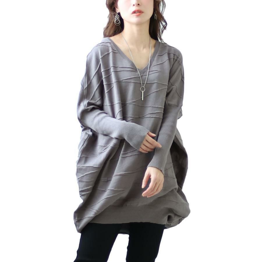 大きいサイズ レディース コットンニットドルマンコクーンチュニック　gold925 グレー