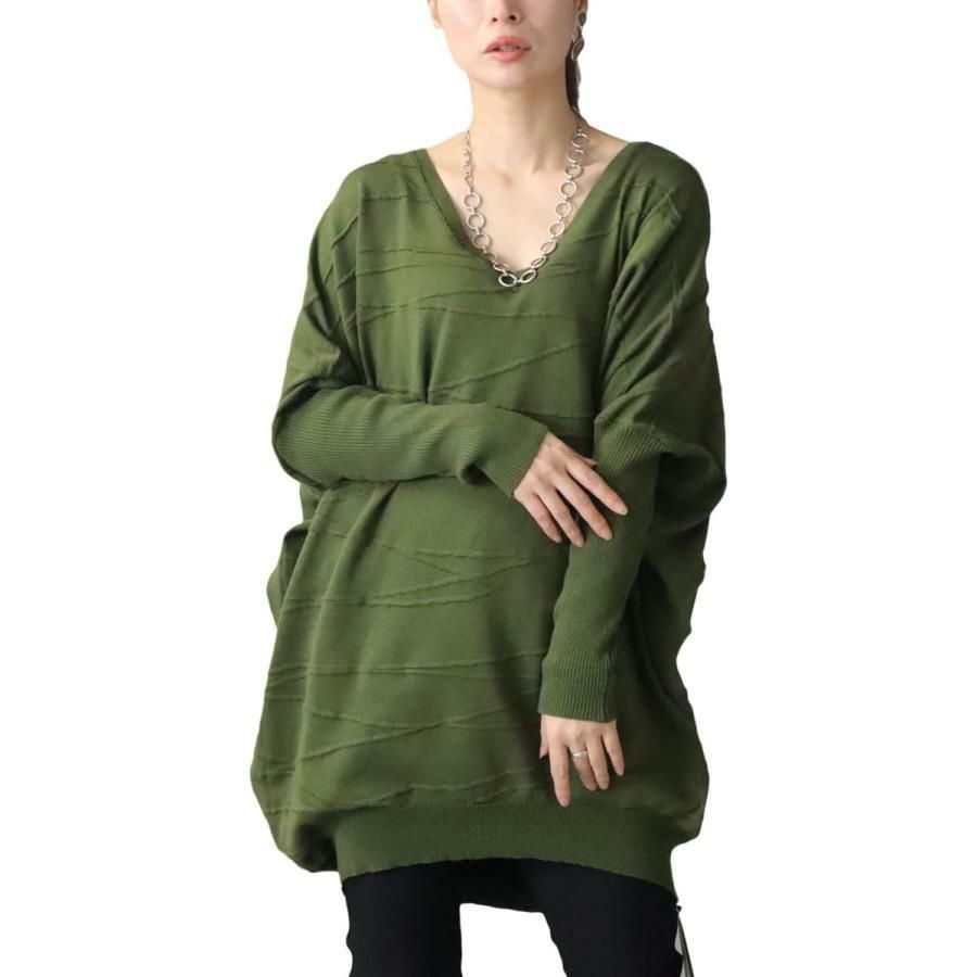 大きいサイズ レディース コットンニットドルマンコクーンチュニック　gold925 カーキ