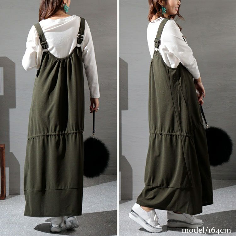 大きいサイズ レディース Aラインサロペットワンピース　gold924