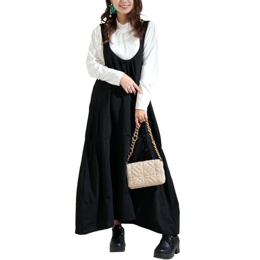 大きいサイズ レディース Aラインサロペットワンピース　gold924 ブラック