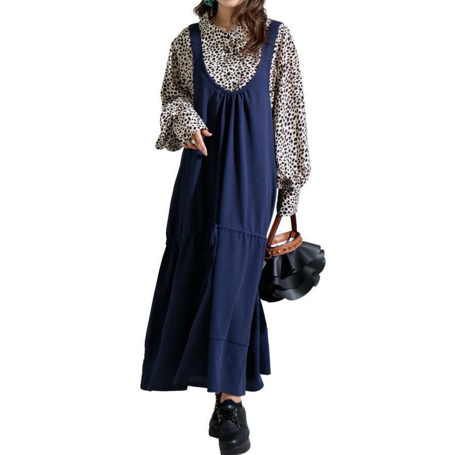 大きいサイズ レディース Aラインサロペットワンピース　gold924 ネイビー