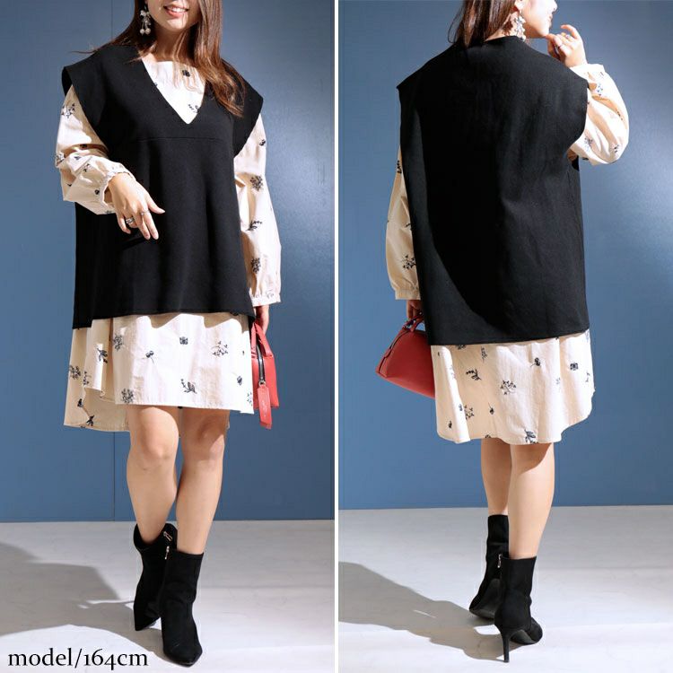 大きいサイズ レディース コットンニット深Vネックベスト　maru-6630