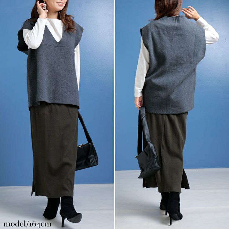 大きいサイズ レディース コットンニット深Vネックベスト　maru-6630