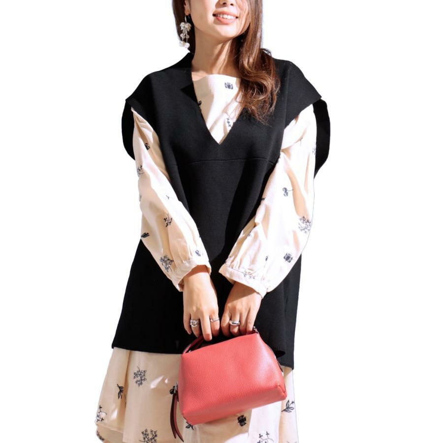 大きいサイズ レディース コットンニット深Vネックベスト　maru-6630 ブラック