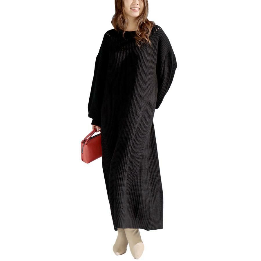 大きいサイズ レディース ロング丈ニットワンピース　and-u5370 ブラック