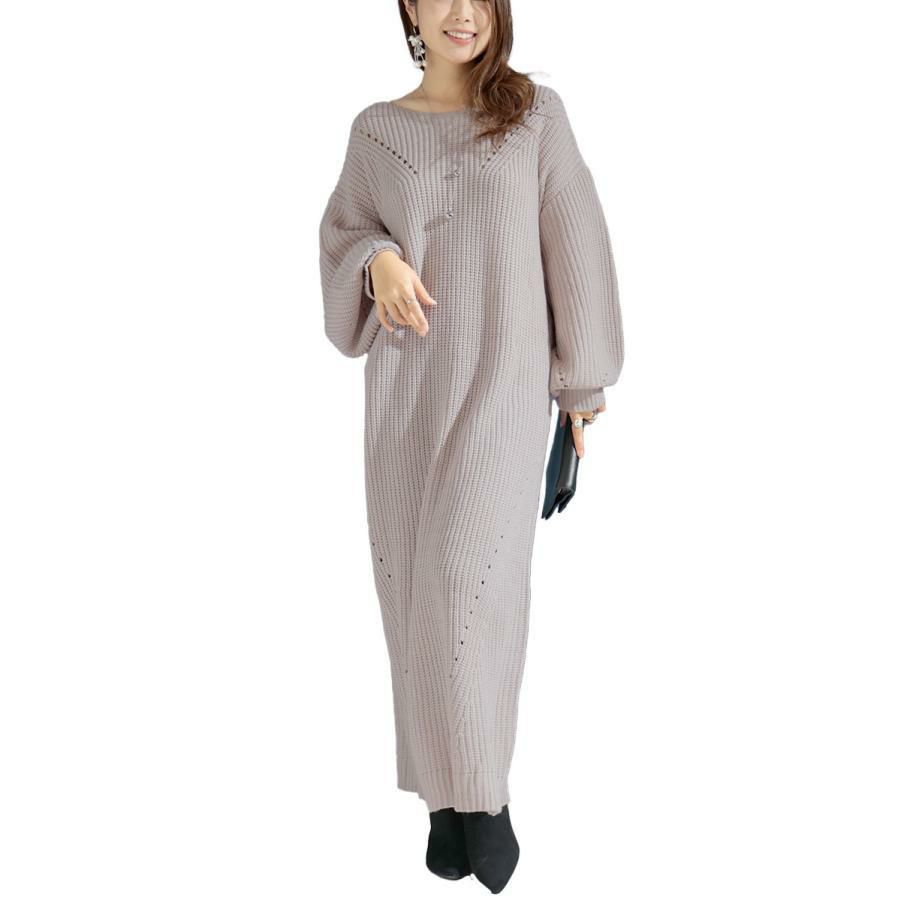 大きいサイズ レディース ロング丈ニットワンピース　and-u5370 ベージュ