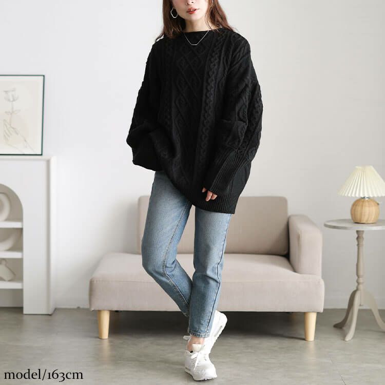 大きいサイズ レディース ボリューム袖ケーブルニットプルオーバー　and-u5365