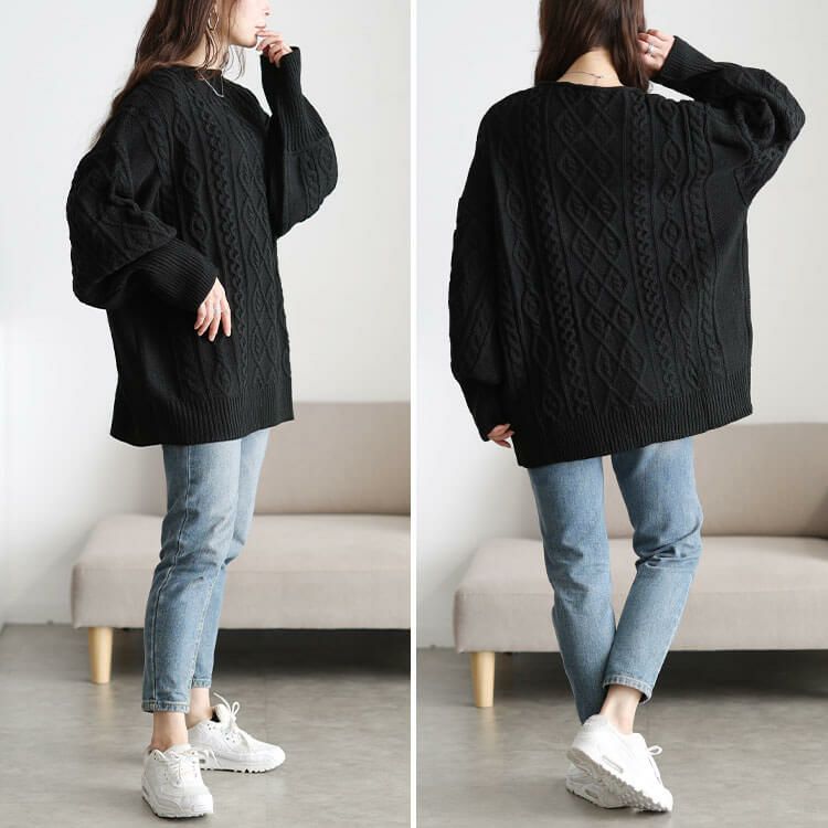 大きいサイズ レディース ボリューム袖ケーブルニットプルオーバー　and-u5365