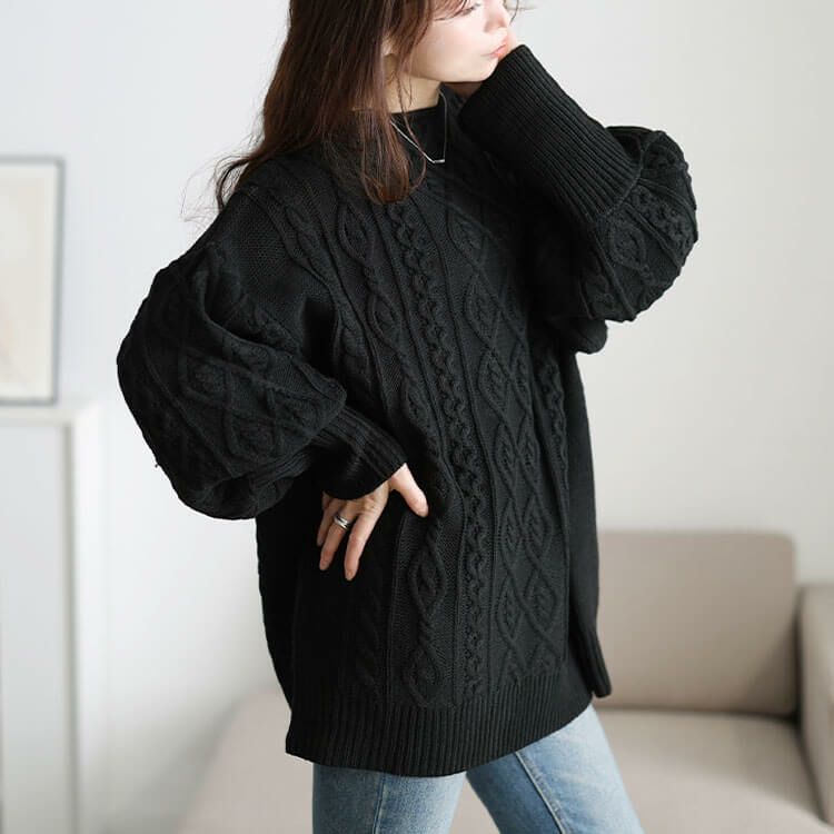 大きいサイズ レディース ボリューム袖ケーブルニットプルオーバー　and-u5365