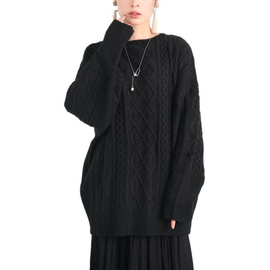 大きいサイズ レディース ボリューム袖ケーブルニットプルオーバー　and-u5365 ブラック