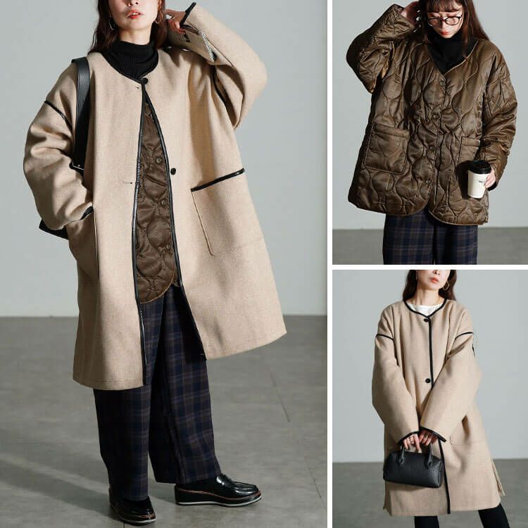 大きいサイズ レディース 3way中綿ライナー付きパイピングガウンコート　fem-231