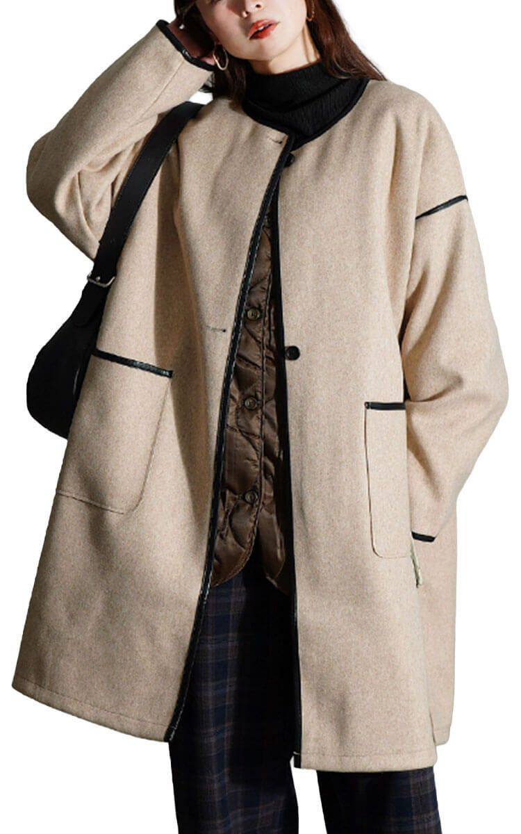 大きいサイズ レディース 3way中綿ライナー付きパイピングガウンコート　fem-231 ライトベージュ