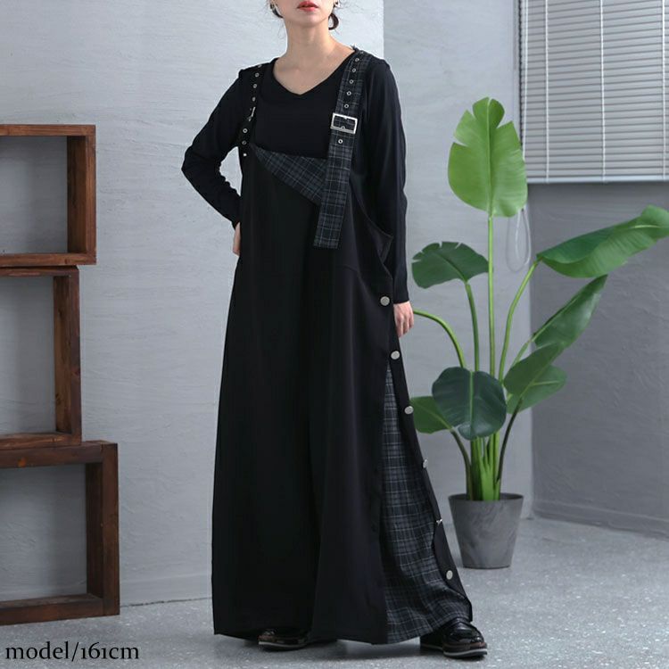 大きいサイズ レディース アシメチェック柄サロペットパンツ　sw-0511