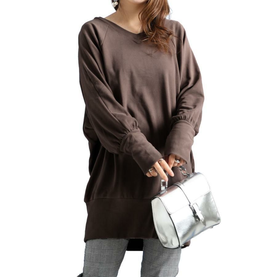 大きいサイズ レディース リブ袖ドルマンチュニック　kt-42001 モカ