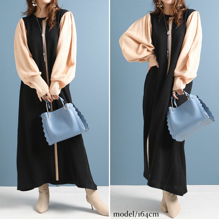 大きいサイズ レディース センターライン配色ニットワンピース　bro-0005