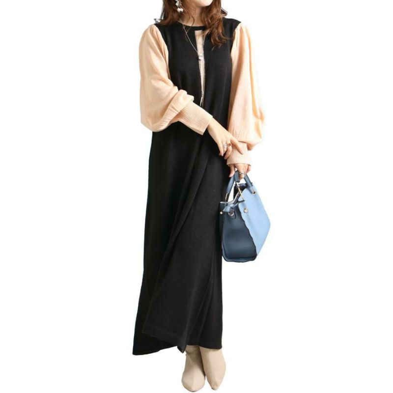 大きいサイズ レディース センターライン配色ニットワンピース　bro-0005 ブラック