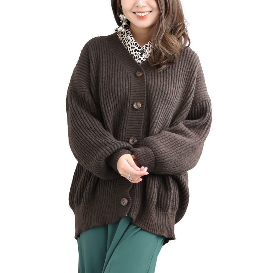 大きいサイズ レディース ボリュームスリーブニットカーディガン　goldy-1176 ブラウン