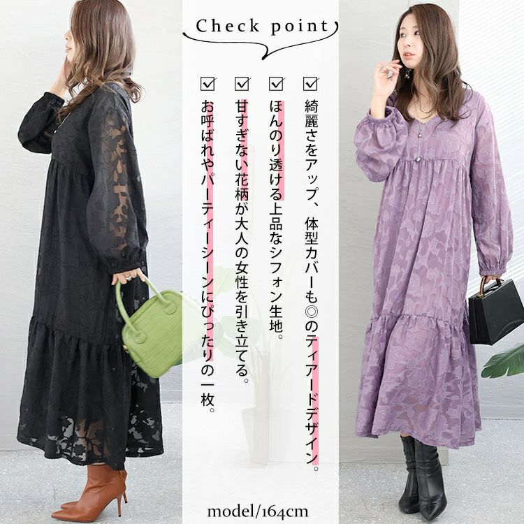 大きいサイズ レディース シフォンジャガードティアードワンピース　maru-6633