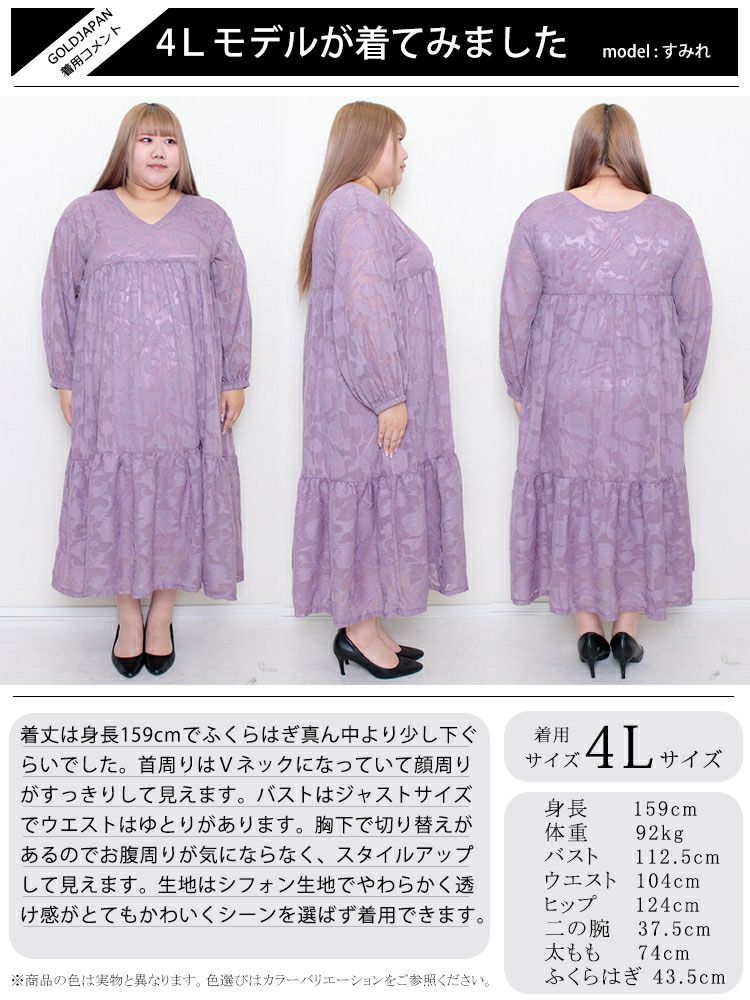 大きいサイズ レディース シフォンジャガードティアードワンピース　maru-6633