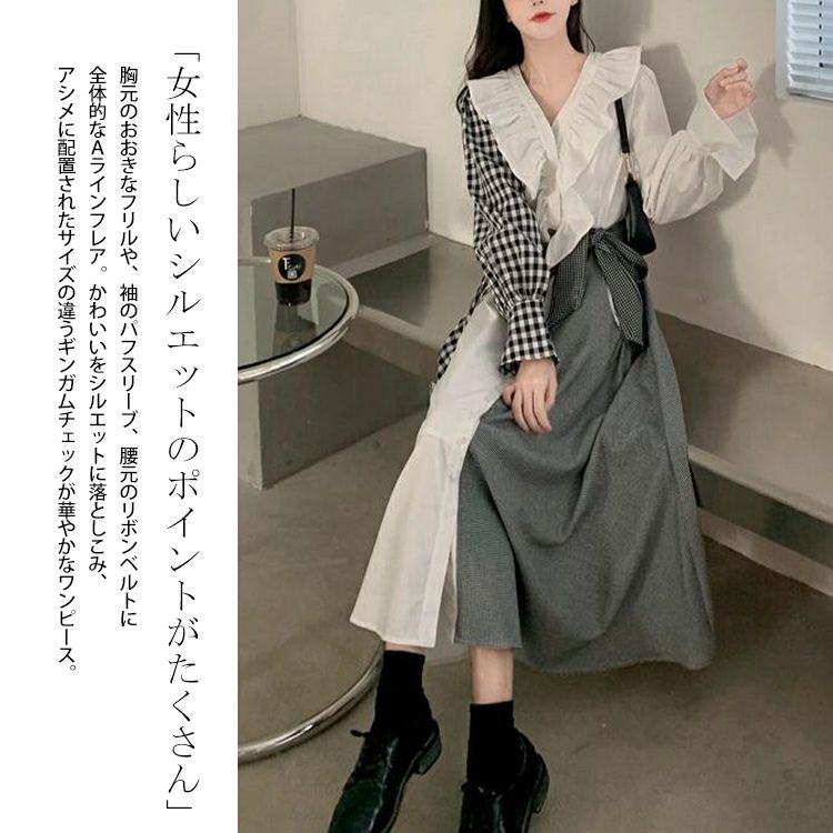 大きいサイズ レディース アシンメトリーギンガムチェックワンピース　goldy-1188
