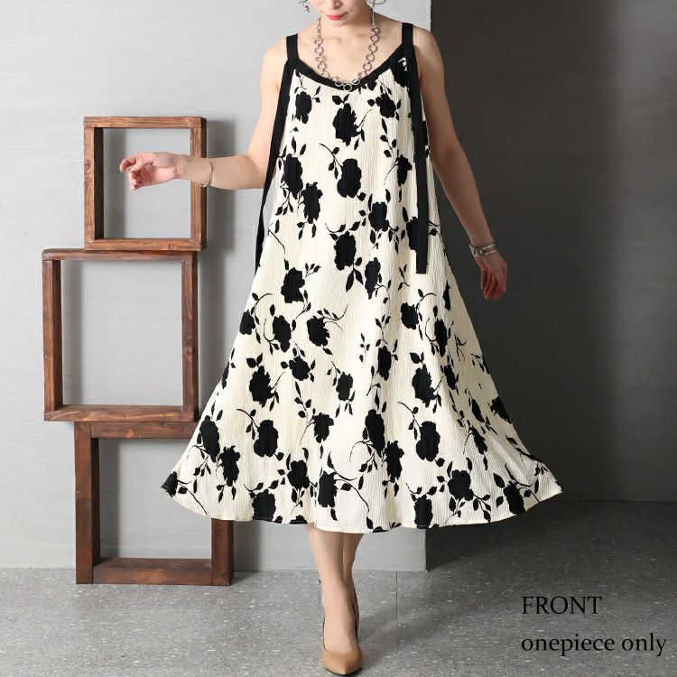 大きいサイズ レディース フラワーシルエット柄キャミワンピース