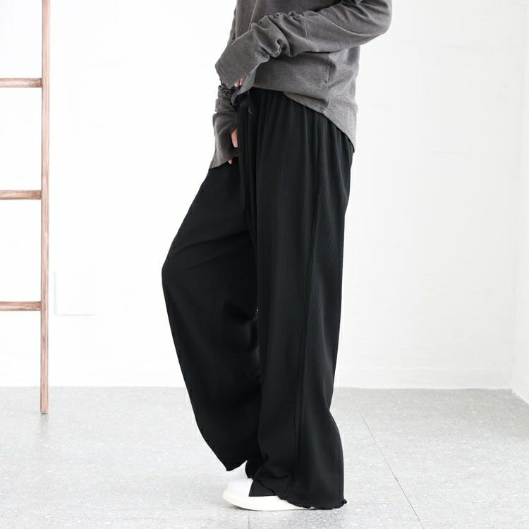 大きいサイズ レディース 裾メローリブワイドパンツ　humio-066