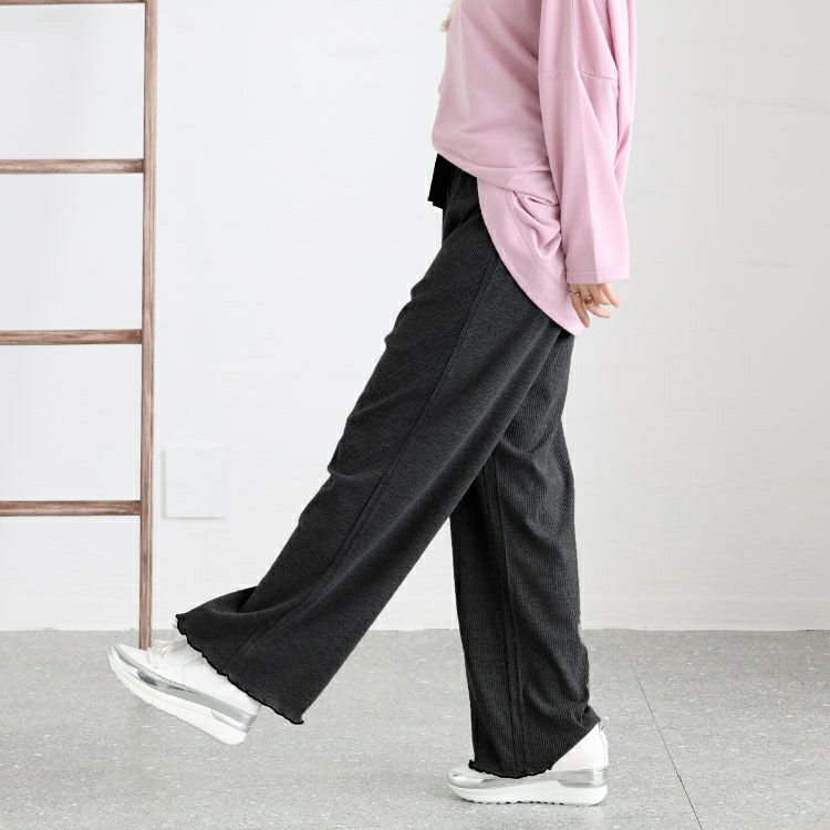 大きいサイズ レディース 裾メローリブワイドパンツ　humio-066