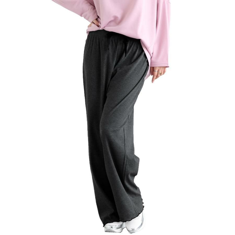 大きいサイズ レディース 裾メローリブワイドパンツ　humio-066 グレー