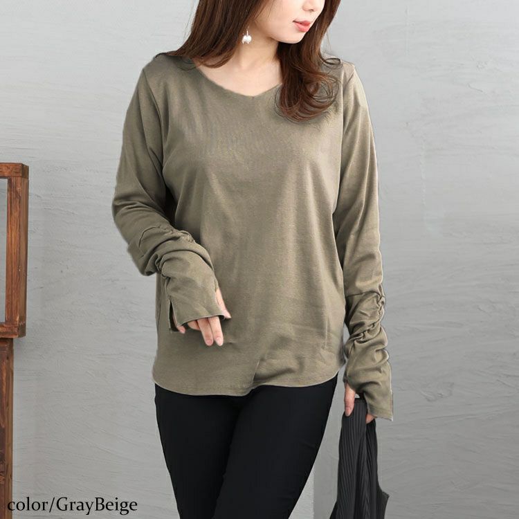 大きいサイズ レディース 指穴Vネックカットソー　wk-0334