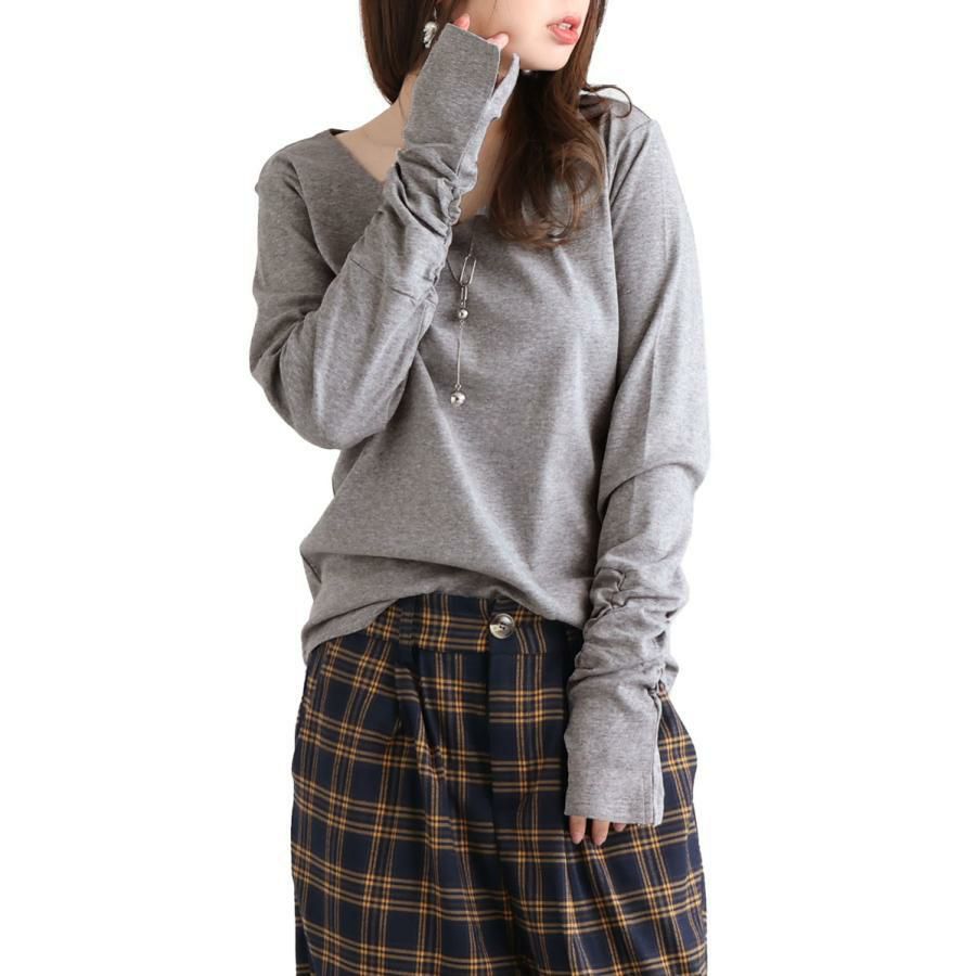 大きいサイズ レディース 指穴Vネックカットソー　wk-0334 杢グレー