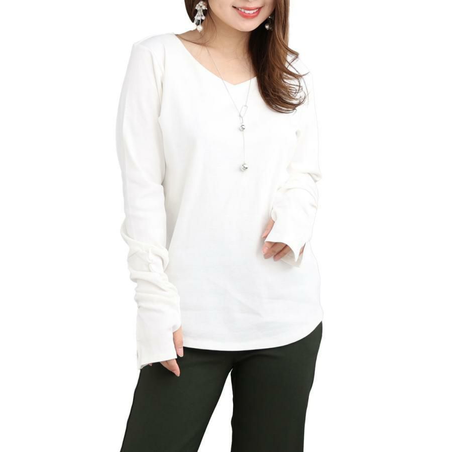 大きいサイズ レディース 指穴Vネックカットソー　wk-0334 オフホワイト