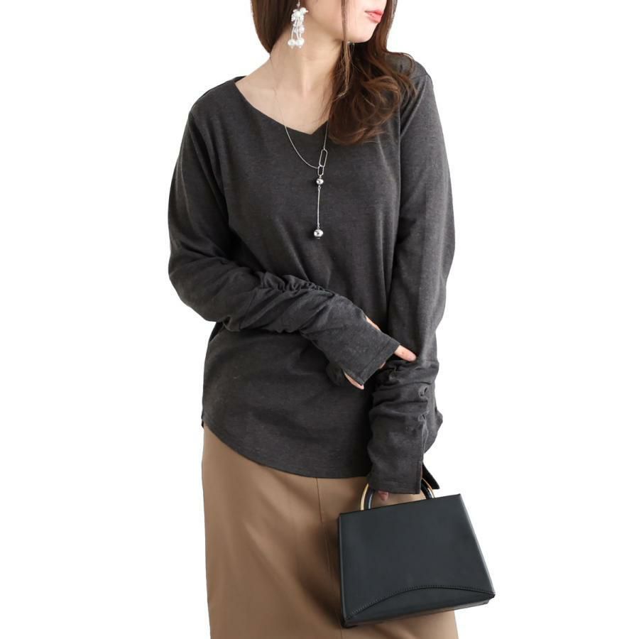 大きいサイズ レディース 指穴Vネックカットソー　wk-0334 チャコールグレー